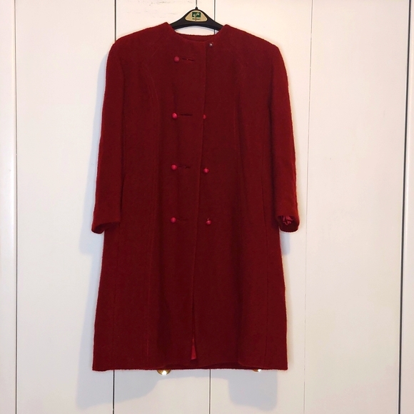 Vintage 1960s Maroon Red Knee Length Wool Coat Size Large - Picture 2 of 16